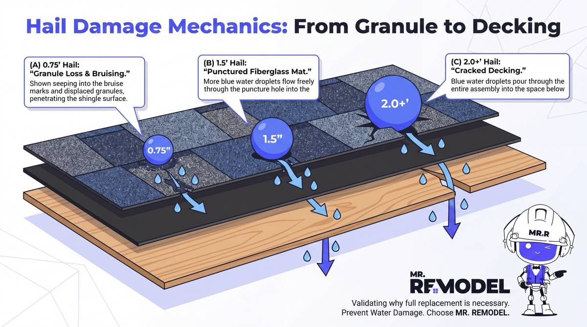 A technical cutaway diagram illustrating the mechanics of hail damage on an asphalt shingle roof, showing how different hail sizes cause progressive damage from granule loss to mat bruising and decking cracks, leading to water intrusion.